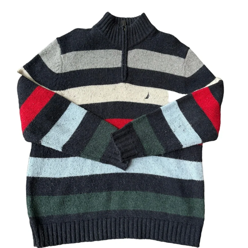 Nautica Mens Knitted Wool Blend Tripe 1/4 Zip Up Pull Over Sweater‎ Size XL